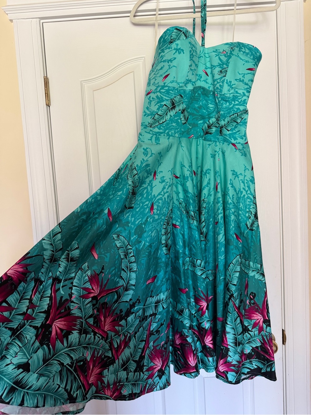Turquoise Strapless Tropical Print Sundress